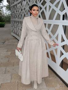 Durrani Popal Elegant & Chic French Style Lapel Long Sleeve Double-Breasted Pearl Button Decor Pleated A-Line Overcoat, Beige - Khaki - View 6