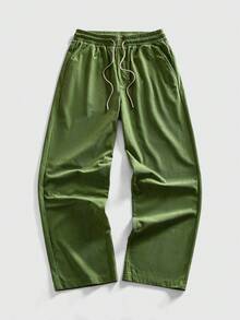 ROMWE MEN Pantalones casuales sueltos de pierna ancha con cordón en la cintura y bolsillos para hombre - Verde - Ver 1