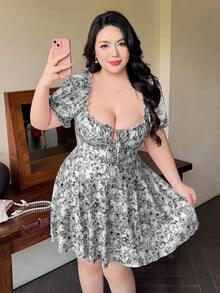 Vibekara 新款优雅印花修身泡泡袖腰部褶皱度假连衣裙，百搭显瘦A字裙摆，弹力面料 - 黑與白 - 查看 4