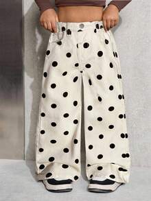 Young Girl' Y2K Black Polka Dot & White Denim Loose Fit Pants,Fall Clothes,Winter Clothing ,Casual And Fashionable Vacation Outfits,Streetwear,2000s Style  ,Christmas Clothing ,Polka Dot Pants,Young Girl Pants