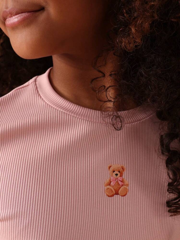 Ribbed Crew Neck Tee With Bear Design