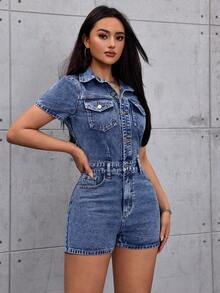 SHEIN Tall Women's Collared Button Pocket Casual Short Sleeve Denim Jumpsuit - Blue - View 3