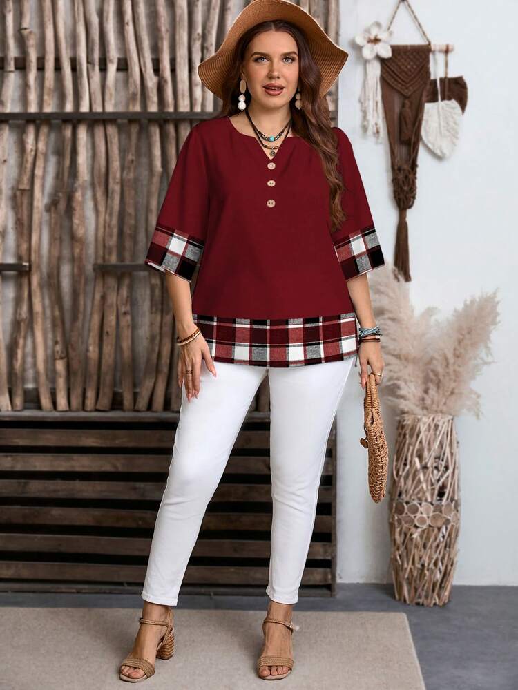 EMERY ROSE 休闲复古通勤日常百搭酒红色撞色格纹印花大码小号V领衬衫，适合夏季穿着，夏季上衣，酒红色上衣 - 紅色 - 查看 5