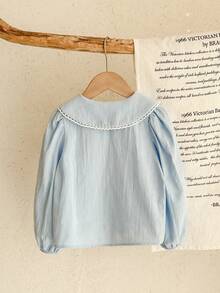 LMoss Kids 女童纯色彼得潘领刺绣休闲衬衫 - 淺藍色 - 查看 2