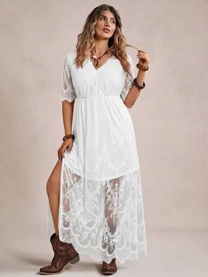 Freevana Summer Country Festival Outfits Solid Color Vacation Style Lace Dress With High Slit Music Festival
