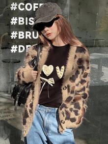 DAZY 少女休闲豹纹开衫，带口袋，秋冬季 - 棕色 - 查看 5