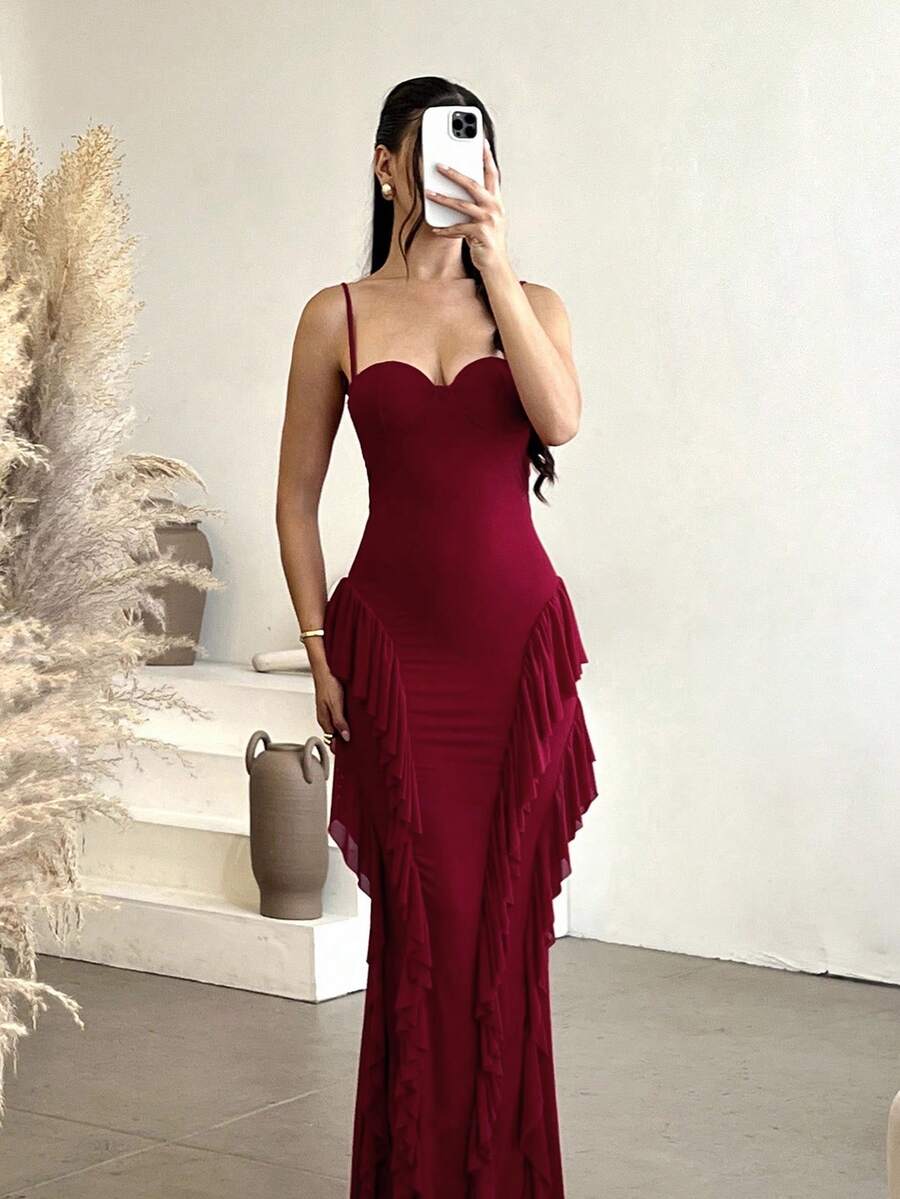 Andrea Bello Spring Summer Vacation Red Solid Color Sexy Elegant Spaghetti Strap Ruffled Fishtail Backless Metal Button 3D Flower Ribbon Sexy Dress, Suitable For Cocktail Parties, Romantic Dates, Knit Mesh Dress, Gatherings, Formal Events, Bridesmaid Dresses, Night Outings, Halloween Dress, Christmas Dress, Extra Long Dress Burgundy - Burgundy - View 1
