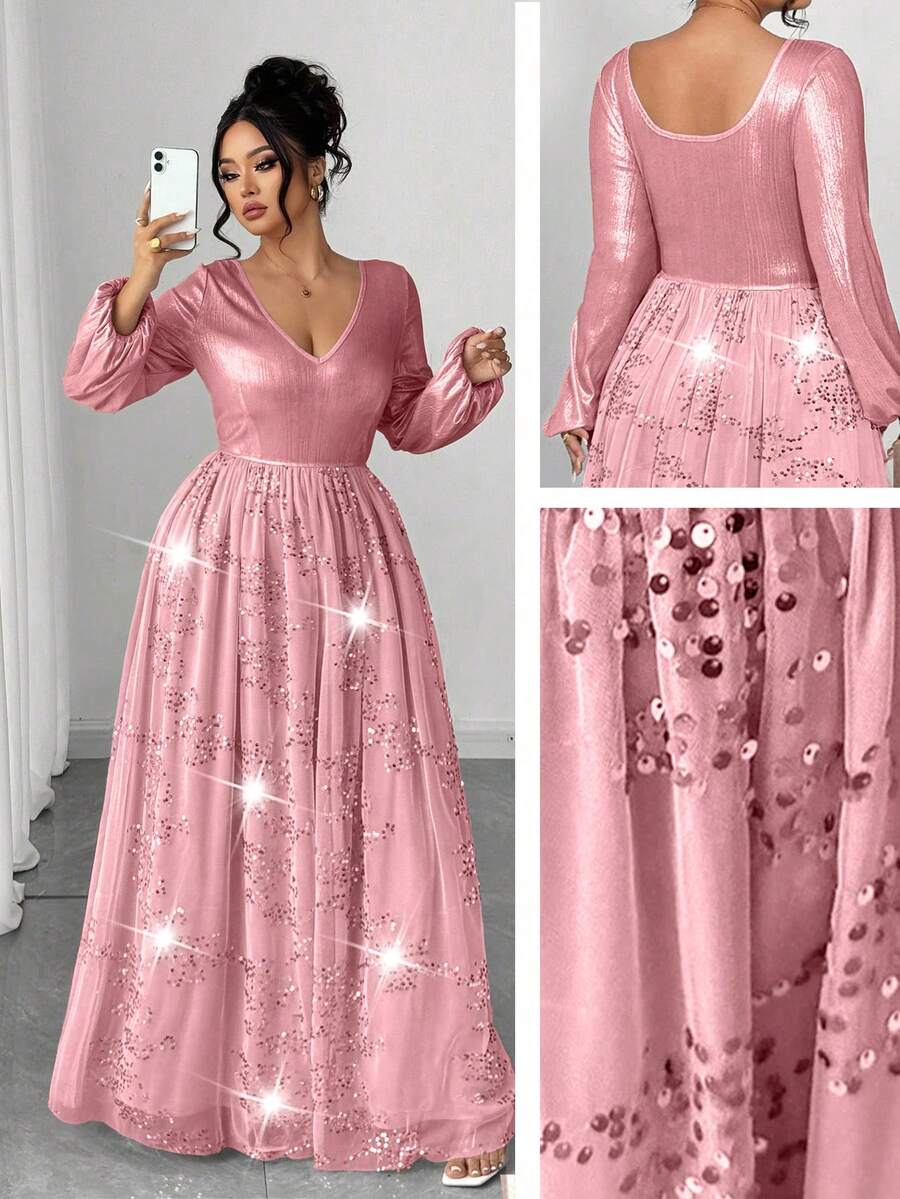 Elenzga 大码优雅亮片及亮片网纱拼接长袖连衣裙，秋季 - 粉色 - 查看 1