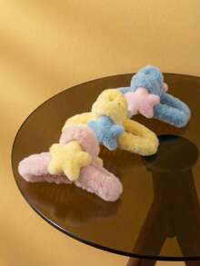 Joivida Pinza de pelo con diseño de estrella de cinco puntas de gran tamaño de felpa, accesorio de pelo con diseño de aleta de tiburón y corazón para mujer, ideal para el otoño y el invierno, pinza de pelo linda para el recogido - Multicolor - Ver 2