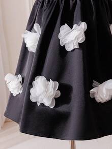 SHEIN Young Girl Black Summer Traditional Wedding Dress,Woven 3D Floral Round Neck Sleeveless Party Dress With White Bow,Tween Formal Princess Flower Girl - Black and White - View 11