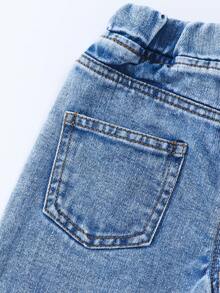 Baby Girl Fashionable Snowflower Washed Floral Flocked Denim Pants - Blue - View 8