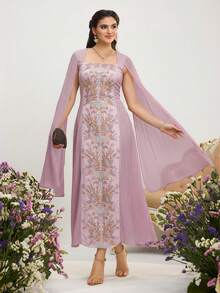 Al Najma 女士印花方领披肩袖阿拉伯风格连衣裙 - 粉色 - 查看 2