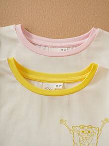 SpongeBob SquarePants | SHEIN Young Girl 2sets Comfortable Soft Contrast Cartoon Pattern Long Sleeve T-Shirt And Pants Pajama Set - Multicolor - View 11