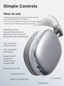 Teckwe Wireless Over-Ear Headphones With Microphone Foldable & Portable HiFi Stereo Sound Headset With Memory Foam Ear Cups - Silver - View 8