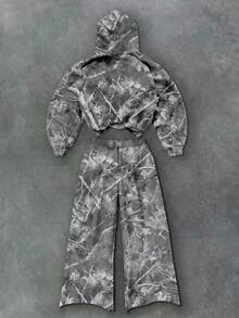 Glimmora Street Style Withered Leaf Print Hooded Long Sleeve Top And Pants Set, Autumn/Winter - Multicolor - View 2