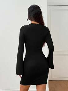 SHEIN PETITE Đầm nữ cổ cao, xếp ly, dáng xòe ngắn, tay dài, thích hợp cho mùa thu/đông, có thể mặc lót hoặc phối cùng trang phục đi chơi, hàng ngày, phong cách công sở thường ngày. - màu đen - Xem 2