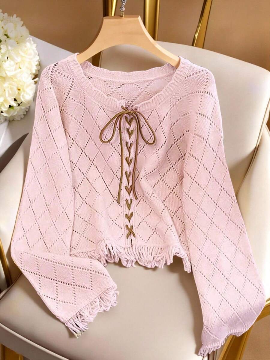 SHEIN LUNE 博主风时尚撞色系带镂空花卉流苏套头毛衣,欧美新品 - 淺粉色 - 查看 1