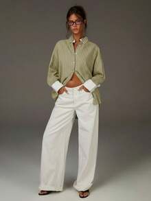 Athîral 女士时尚休闲条纹印花纽扣长袖衬衫 - 綠色 - 查看 3