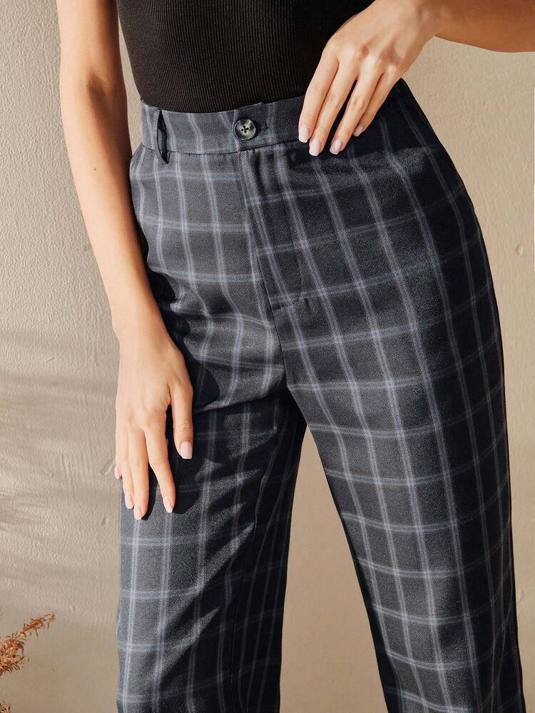 Anewsta Women's Navy Plaid High-Waisted Wide-Leg Pants, Elegant Spring/Summer Casual & Formal Office Wear Trousers