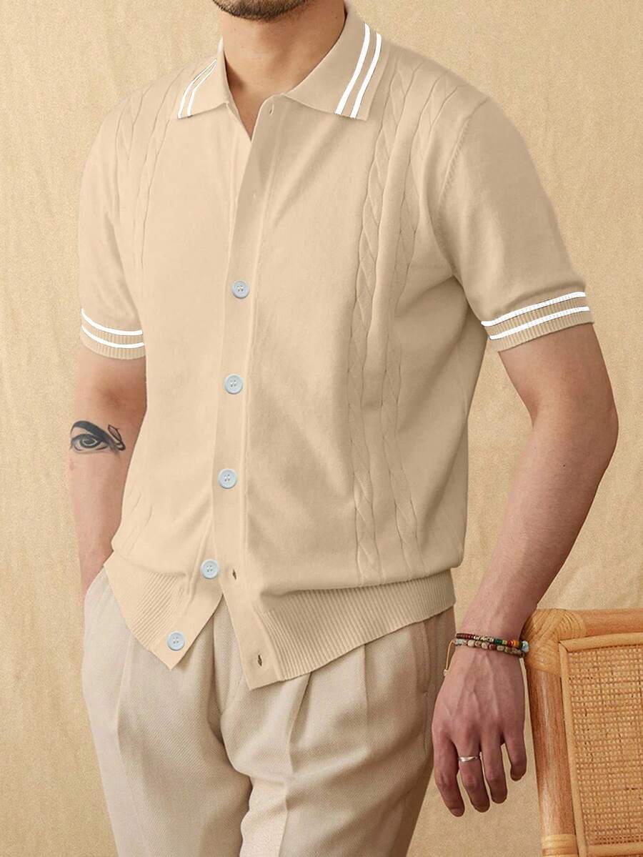 Manfinity Homme 男士条纹短袖单排扣休闲针织上衣 - 杏色 - 查看 1