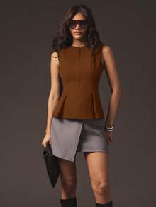 Hauture Women's Sexy Office Casual Front Zip With Peplum Structured Tailored Sleeveless Top - Brown - View 4