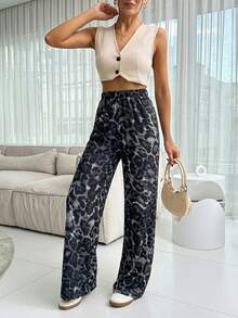 Women's Leopard Print Elastic Waist Loose Wide Leg Casual Pants - Multicolor - View 5
