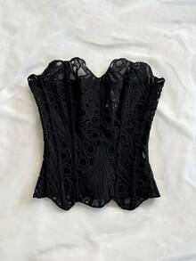 Soleia European & American Style Sexy Avant-Garde Lace Double-Layer Corset Bustier, Fishbone Contoured, Hollow Embroidered Bodysuit, Black