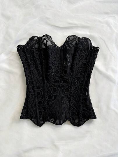 Soleia Corpiño con diseño de encaje de estilo europeo y americano, con doble capa, contorneado con espinas, bordado calado, color negro