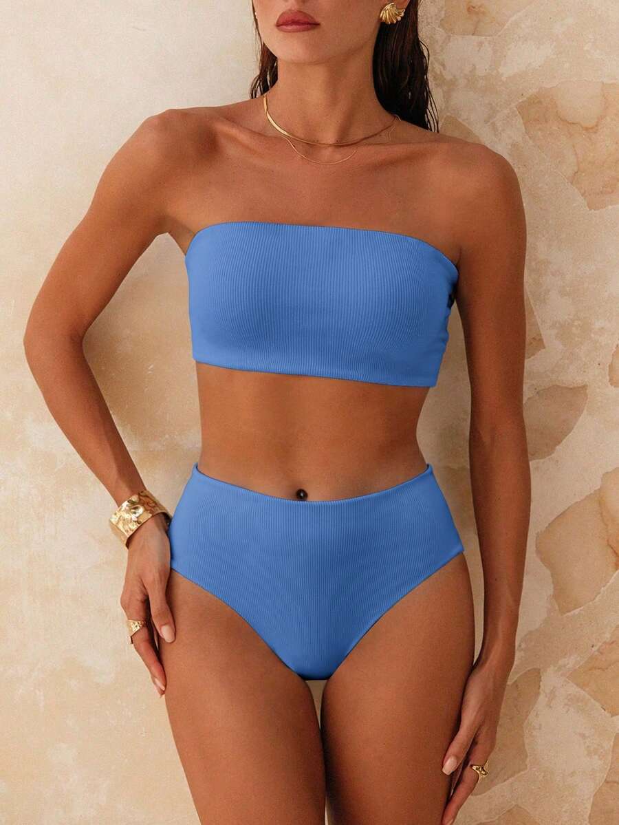 Swim Vcay Women Summer Beach Solid Bandeau Sexy Bikini Set For Vacation - Blue - View 1