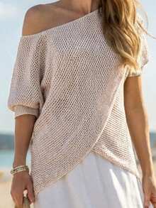 Breezaya Spring/Summer New Asymmetric Shoulder Sleeve Hollow Knit Semi-Sheer Casual Women Pullover Sweater - Camel - View 4