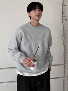 DAZY 男士灰色字母刺绣抓绒套头卫衣，秋冬款 - 灰色 - 查看 3