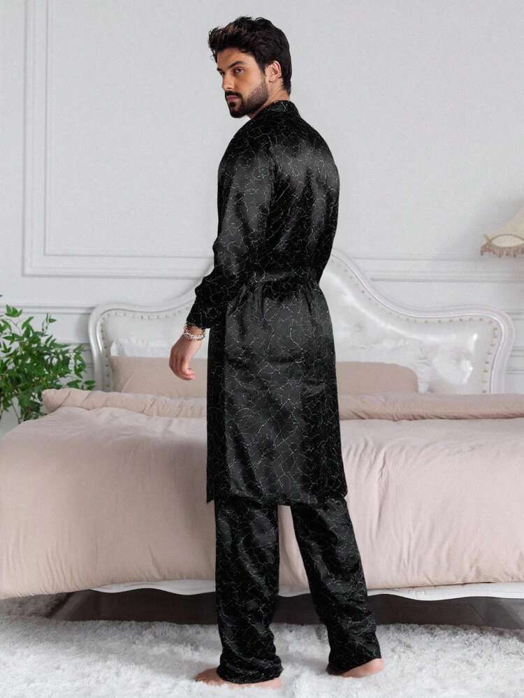 Men's Black Satin Shiny Fabric Pants Matching Robe Loungewear Set, Spring/Autumn