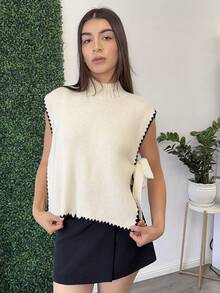 Andrea Bello 秋冬女式撞色立领侧开衩系带针织背心 - 杏色 - 查看 1