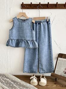 LMoss Kids 2pcs/Set Young Girl' Cute Blue Denim Loose Fit Camisole And Pants Set,Spring Outfits, Summer Outfits,Casual And Fashionable Vacation Outfits,Street Wear,2000s Style  ,Comfortable And Soft Denim Set,Vacation Outfits - Light Wash - View 2