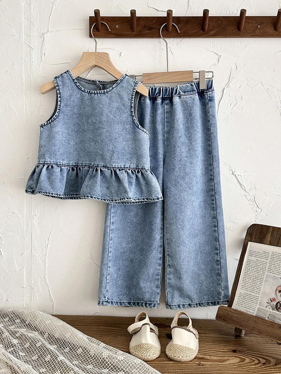 LMoss Kids 2pcs/Set Young Girl' Cute Blue Denim Loose Fit Camisole And Pants Set,Spring Outfits, Summer Outfits,Casual And Fashionable Vacation Outfits,Street Wear,2000s Style  ,Comfortable And Soft Denim Set,Vacation Outfits - Light Wash - View 1