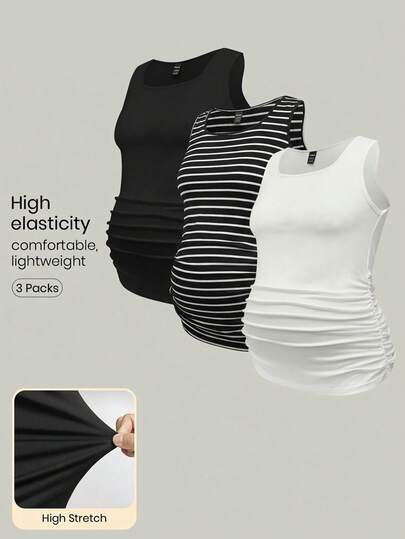 Modmama 3件套孕妇休闲褶皱圆领背心套装