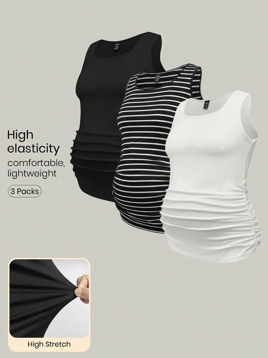 Modmama Bộ 3 áo tank top cổ tròn xếp ly dáng thường ngày dành cho bà bầu - màu đen - Xem 1