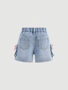 SHEIN Baby Girl Y2k Blue Denim Loose Cargo Shorts, Spring And Summer Casual Vacation Country Boho Wear, Beach Middle Shorts For, Western Street Wear For Spring Break, Rave Festival Denim Shorts - Light Wash - View 2