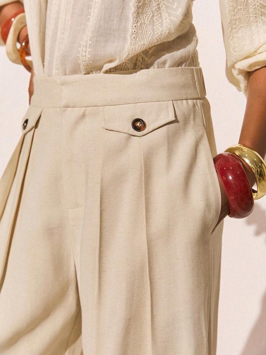 Poéselle Pantalones anchos de cintura alta con pliegues para mujer, pantalones palazzo de corte elegante en un suave beige neutro, pantalones anchos con pliegues, pantalones palazzo de cintura alta, pantalones de trabajo beige, pantalones de mezcla de lino, armario cápsula minimalista, estética neutra, estilo de oficina elegante pantalones anchos de unicolor casual - Albaricoque - Ver 1