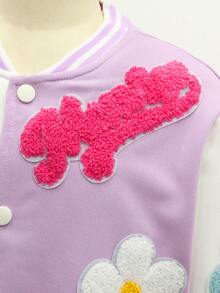 SHEIN Girls' Casual Fashionable Versatile Colorful 3D Floral Contrast Color Loose Baseball Jacket Coat, Spring/Autumn - Purple - View 6