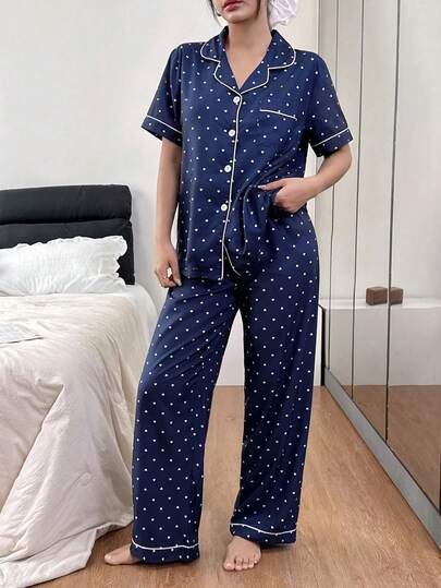 Dream Adore Conjunto de pijama de manga corta con estampado de corazones arrugados y burbujas