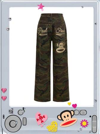 Paul Frank X ROMWE Y2K Streetwear Embroidered Baggy Camouflage Loose Fit Jeans
