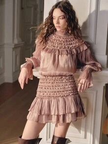 SHEIN Unity Women's Romantic Elegant Ruffled Two Pieces Dress Set, Blouse And Mini Skirt, Shiny Party Outfit With Ruffle Design - Dusty Pink - View 4