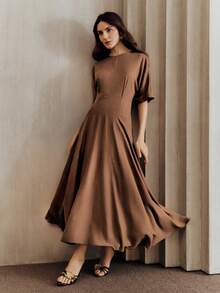 Anewsta Essential Rochie de primăvară nouă, stil francez de lux, mulată, cu talie, pentru femei - Maro - Vizualizare 1