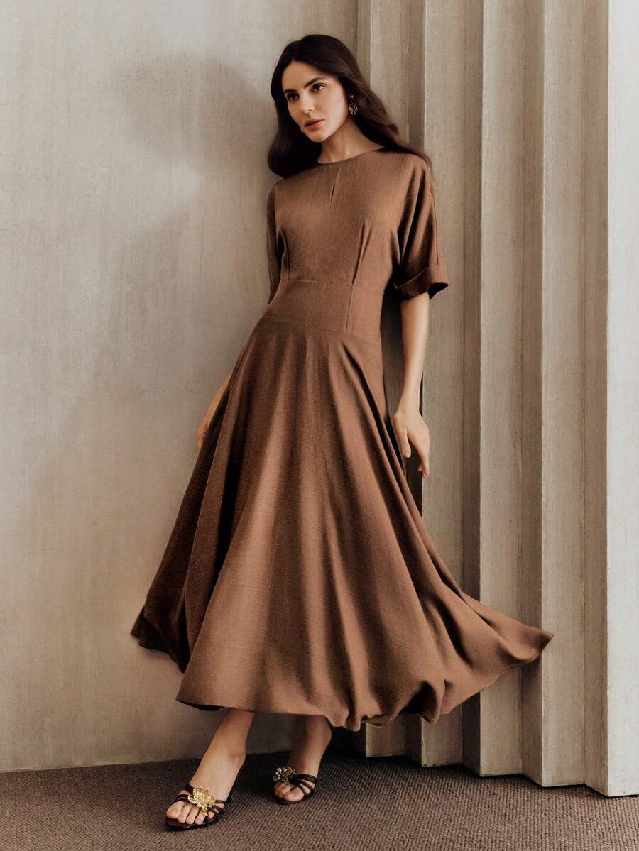 Anewsta Essential Rochie de primăvară nouă, stil francez de lux, mulată, cu talie, pentru femei - Maro - Vizualizare 1
