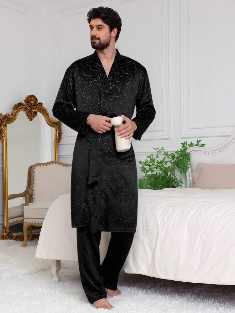 Men's Black Satin Shiny Fabric Pants Matching Robe Loungewear Set, Spring/Autumn