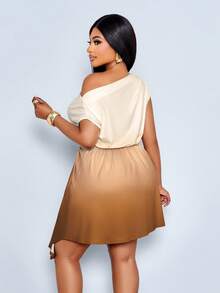 SOLERSUN Plus-Size Elegant Everyday Date Dress With Asymmetrical Gradient Gradient Neckline And Drawstring. - Brown - View 3