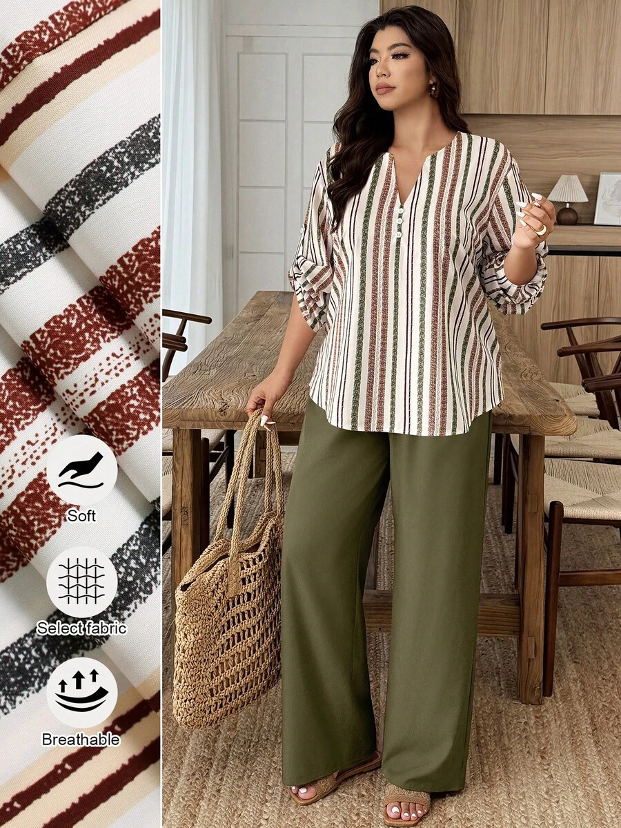 Breezaya 2pcs/Set Plus Size Women Notched Collar Buttoned Sleeve Contrast Color Floral Print Suit Fall - Multicolor - View 1