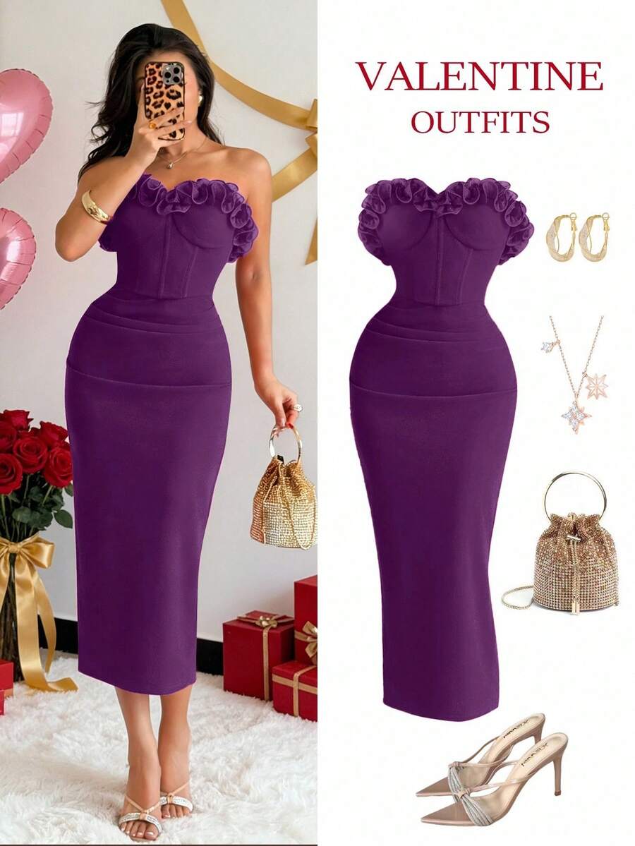 Rafferiza Đầm ôm sát eo xếp ly bằng vải organza viền hoa dành cho nữ - Màu tím - Xem 1