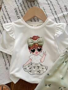 SHEIN 两件套女婴夏季可爱百搭短袖T恤套装，采用松紧腰设计，饰以通体花卉印花。适合生日派对、聚会、演出、婚礼、洗礼、学校典礼和郊游等场合。 - 白色 - 查看 6